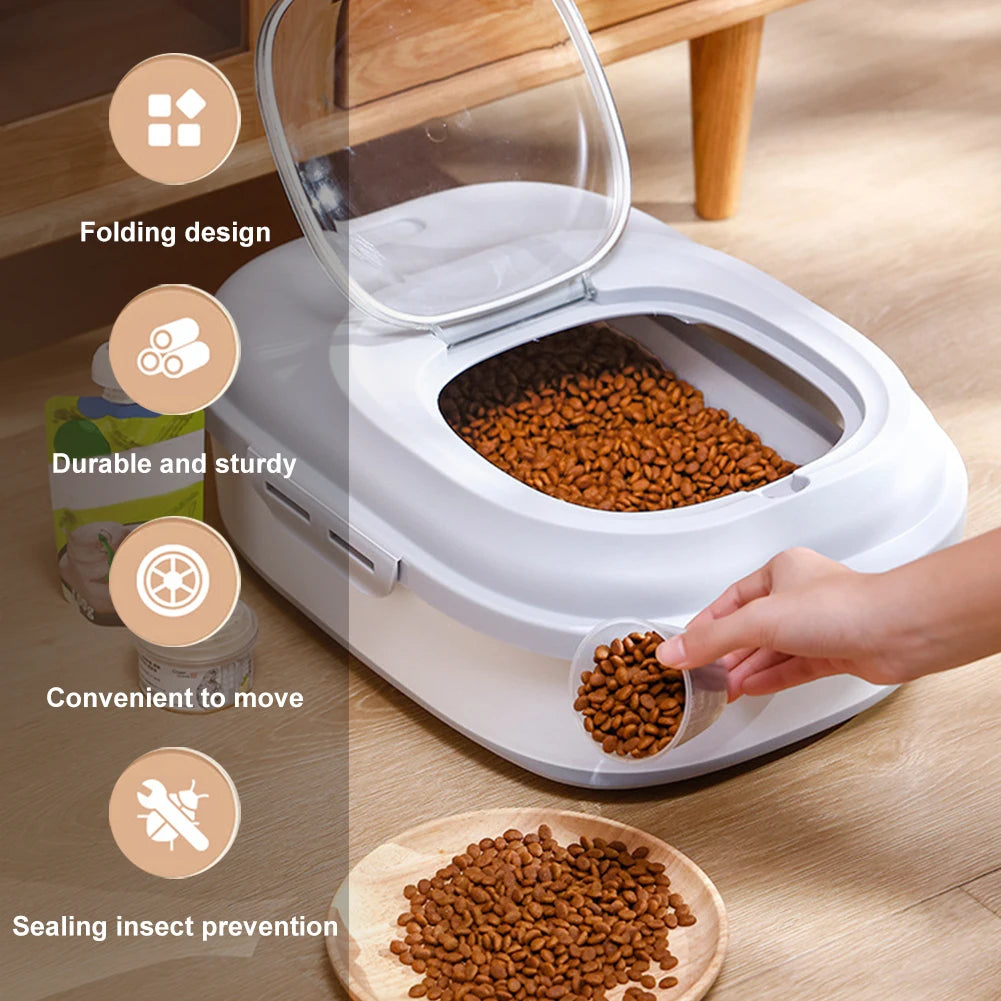 Collapsible Dry Cat Food Box 20-30LB Foldable Cat Food Bucket Large Capacity Flour Multigrain Rice Barrel Box with Lid & Wheels