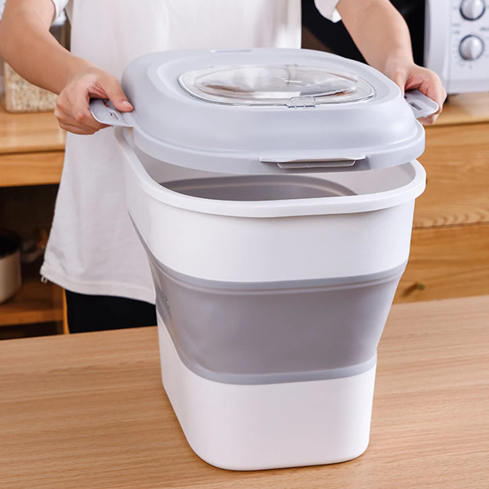 Collapsible Dry Cat Food Box 20-30LB Foldable Cat Food Bucket Large Capacity Flour Multigrain Rice Barrel Box with Lid &amp; Wheels