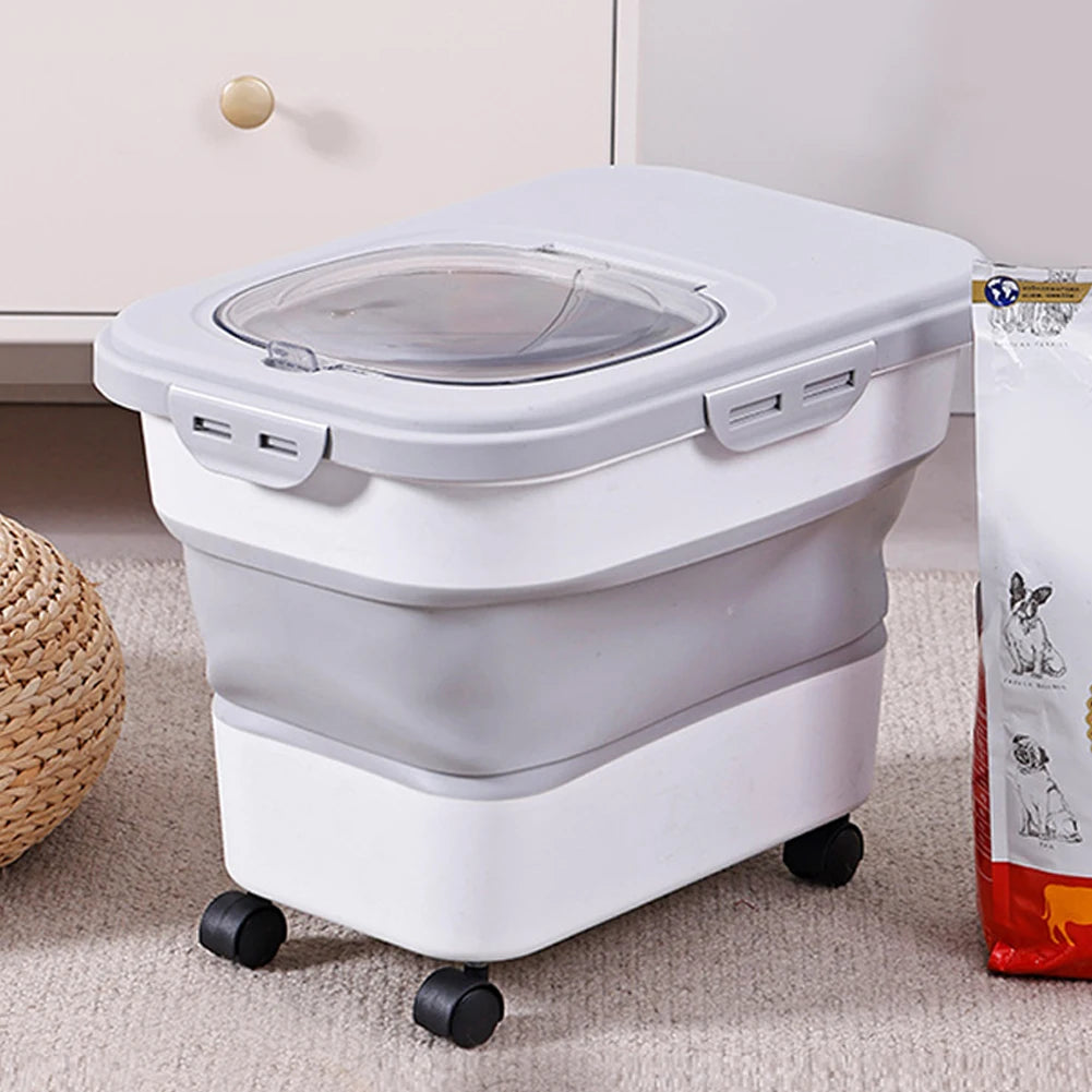 Collapsible Dry Cat Food Box 20-30LB Foldable Cat Food Bucket Large Capacity Flour Multigrain Rice Barrel Box with Lid &amp; Wheels
