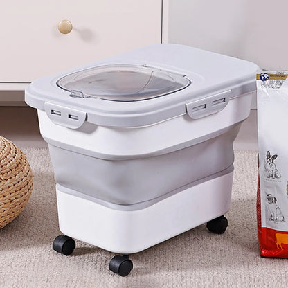Collapsible Dry Cat Food Box 20-30LB Foldable Cat Food Bucket Large Capacity Flour Multigrain Rice Barrel Box with Lid &amp; Wheels