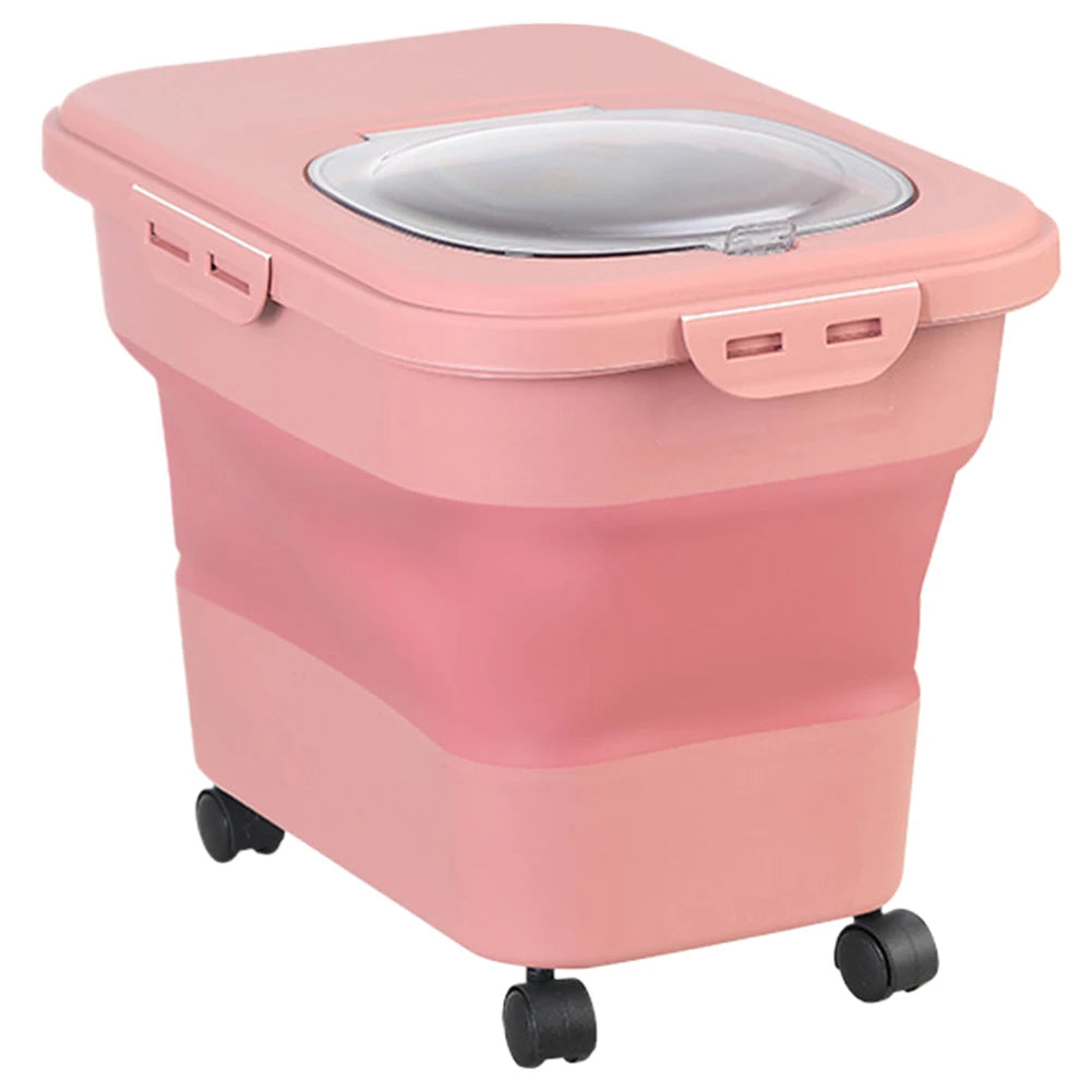 Collapsible Dry Cat Food Box 20-30LB Foldable Cat Food Bucket Large Capacity Flour Multigrain Rice Barrel Box with Lid &amp; Wheels