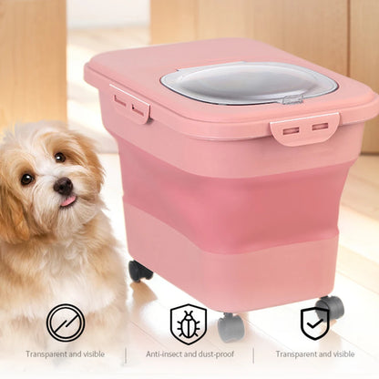 Collapsible Dry Cat Food Box 20-30LB Foldable Cat Food Bucket Large Capacity Flour Multigrain Rice Barrel Box with Lid &amp; Wheels