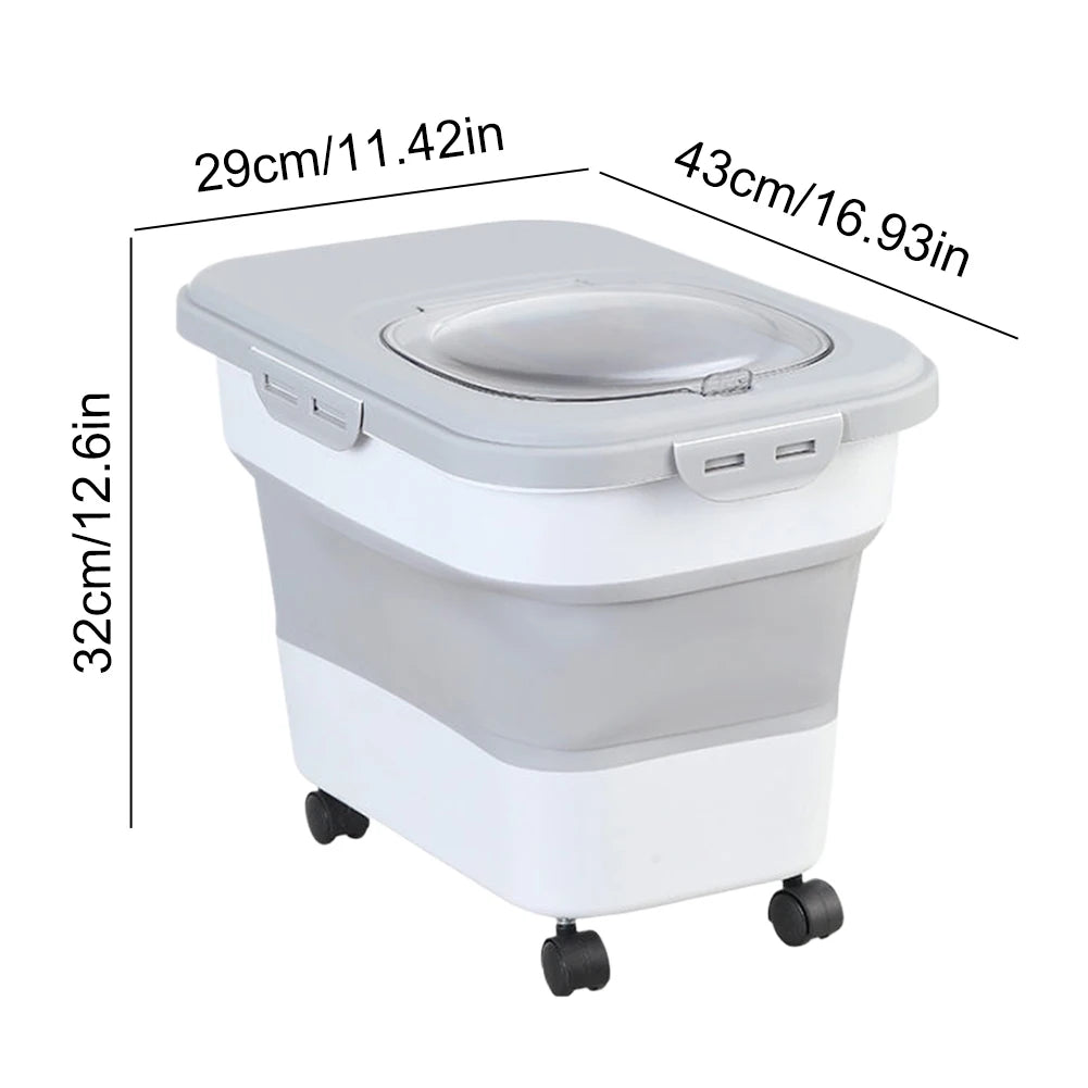 Collapsible Dry Cat Food Box 20-30LB Foldable Cat Food Bucket Large Capacity Flour Multigrain Rice Barrel Box with Lid &amp; Wheels
